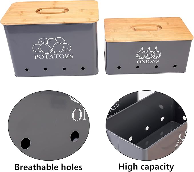 Potato and Onion Storage Bin Set of 2, Vented Metal Vegetable Storage with Wooden Lids, Farmhouse Kitchen Canisters for Countertop Pantry Organizer, Potato Bin Onion Holder for Produce Storage, Grey - Image 2