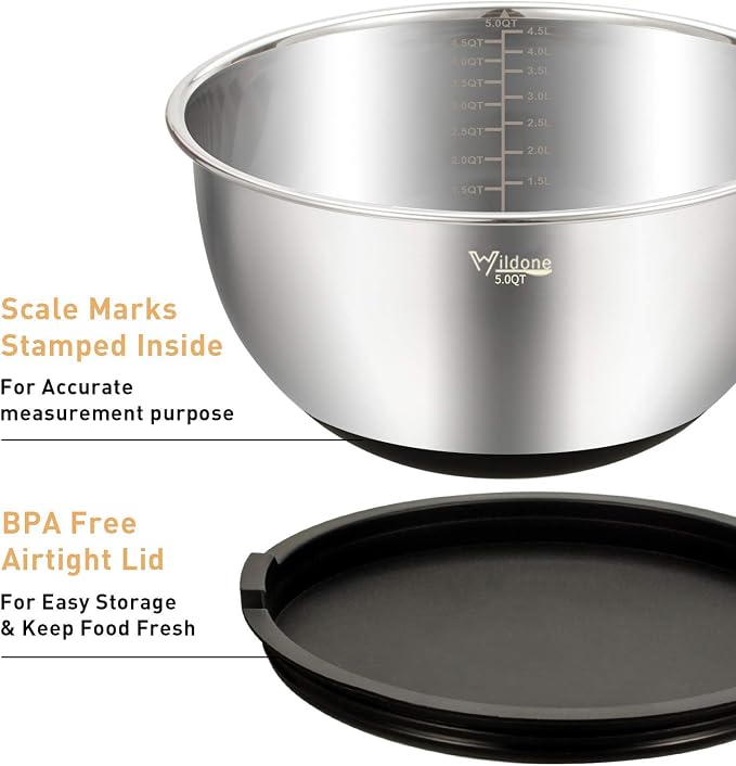 Wildone Mixing Bowls with Airtight Lids Set, 5PCS Stainless Steel Nesting Bowls for Kitchen, with Grater Attachments & Non-Slip Bottoms, Size 5, 3, 2, 1.5, 0.63 QT, Great for Mixing & Serving - Image 2
