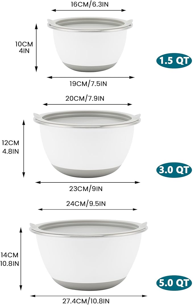 18/8 Stainless Steel Mixing Bowls Set with Lids,1.5,3 & 5 Qt,White | Non-Slip Silicone Base & Measurement Marks, Airtight Food Storage for Baking, Cooking & Meal Prep，Nesting Design - Image 6
