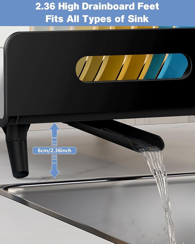Dish Drying Rack, Thicker Premium Aluminum Frame and 304 Stainless Steel Plate Rack for Kitchen Counter, Automatic Drainage Spout, Dish Drainer & Drainboard Set with Utensil Holder, Black - Image 5