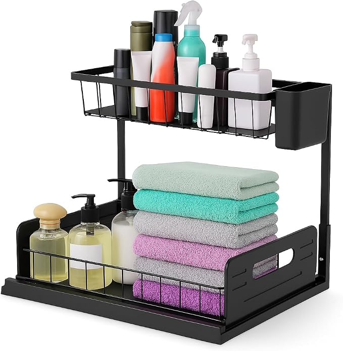 2 Pack Under Sink Organizer, Heavy Duty 2 Tier Slide-Out Storage, Space Saving Cabinet Organizer for Bathroom & Kitchen, Metal Shelf with Brush Holder, Black - Image 4