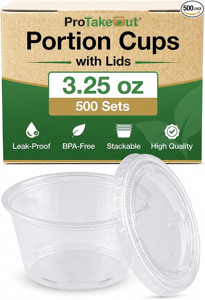 0.75-5.5 oz Plastic Portion Cups with Lids, 100-2000 Count, Dessert Cups with Lids, Jello Shot Cups with Lids, Small Plastic Cups for Salad Dressing & Condiments (500, 3.25, ounces) by ProTakeOut