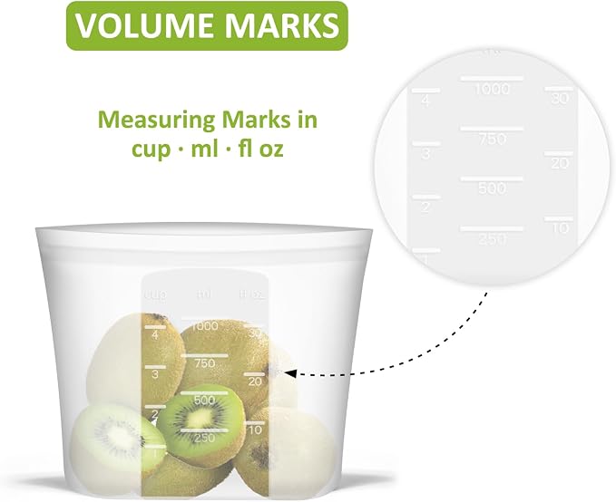 Reusable Silicone Food Storage Bags Quart 4 Pack, Stand Up Ziplock Reusable Freezer Sandwich Bag Containers for Food Travel, Freezer Microwave Oven Dishwasher Safe, Translucent, 33.8fl.oz - Image 7