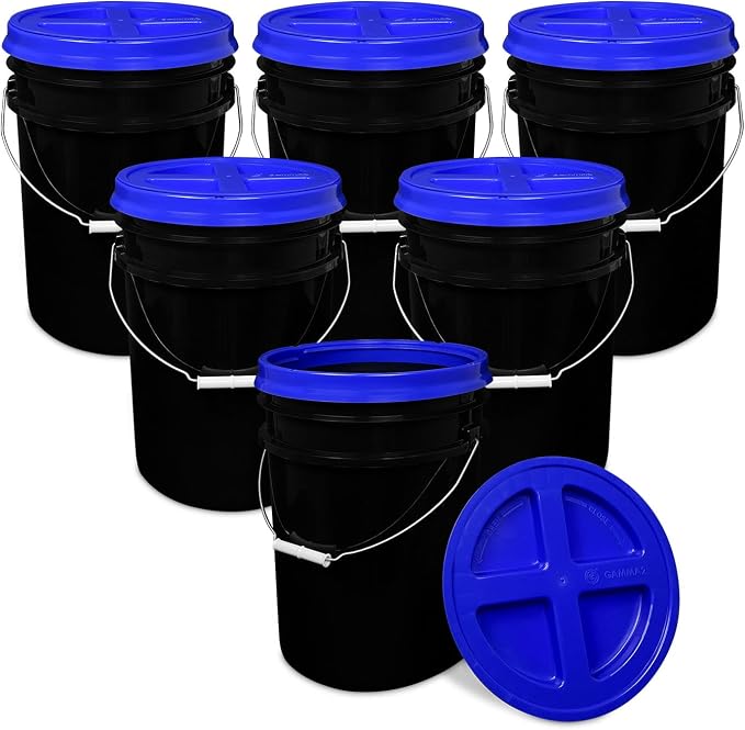 5 Gallon Bucket - Food Grade w/Lid BPA-Free, Black/Blue, 6 | Airtight Gamma Seal Screw-On Lid, Heavy-Duty 90 Mil HDPE Plastic, Food Safe and Durable Container, Bulk Storage, Made in USA by ePackageSupply