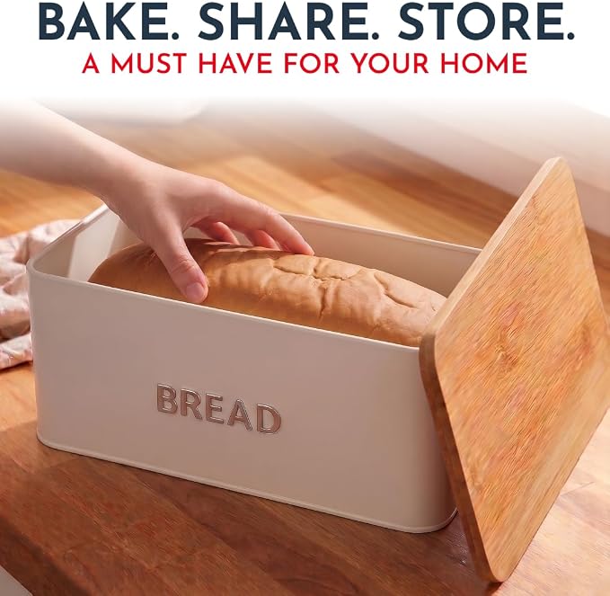 Bread Box for Kitchen Countertop, Homemade Bread - Bamboo Cutting Board Lid | Large Bread Box for Homemade Bread - Storage Bread Box with Cutting Board Lid - Image 3