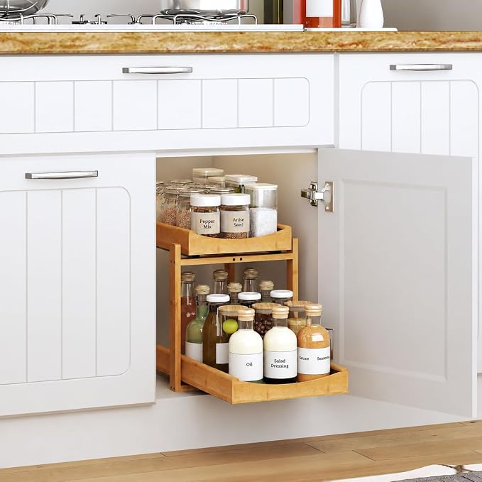MHXW SXPN Bamboo Under Sink Organizer, 2 Pack Pull Out Cabinet Organizer | 2 Tier Vertical Smooth Slide Out Undersink Storage Shelf | Multi-Purpose Organizer Shelves for Kitchen Bathroom Medicine - Image 2