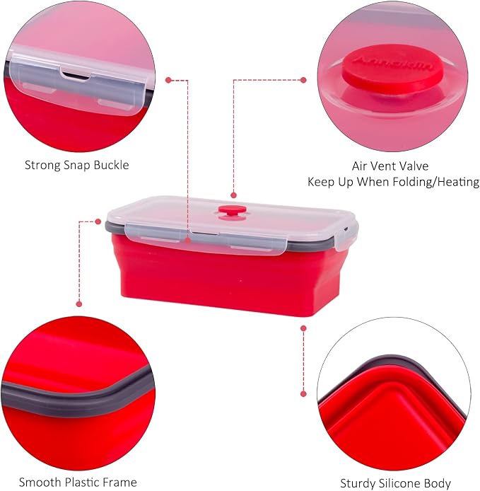 Collapsible Food Storage Containers with Airtight Lid & Air Vent, 40.5 oz, Kitchen Stacking Silicone Collapsible Meal Prep Container Set for Leftover, Microwave Freezer Dishwasher Safe, Red, Set of 4 - Image 4
