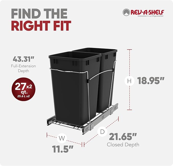 Rev-A-Shelf Double 27 Qt Pullout Trash Can for Base Kitchen Cabinets, Garbage Waste Bin System with Full Extension Slides, Min Opening Width of 11.5", Black, RV-15KD-18C S - Image 3