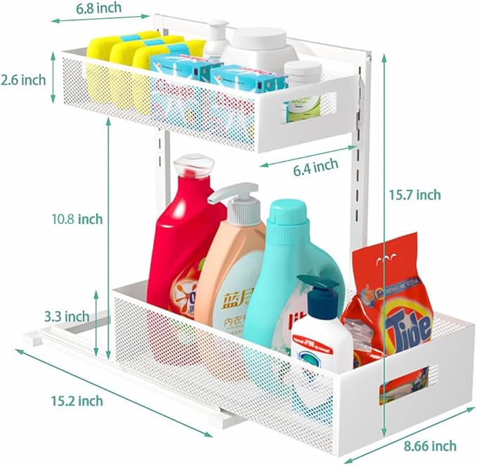 Petiza Under Sink Organizer Adjustable Height 2 Tier Bathroom Organizer Pull Out Cabinet Organer kitchen organizers and storage fridge organizers and storage,White,XL-1 Pack - Image 7
