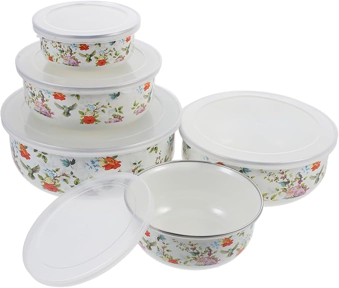 Cabilock 5-Piece Enamel Mixing Bowl Set with Lids - Vintage Nesting Food Storage Containers for Salad, Soup & Leftovers - Retro Farmhouse Kitchen Bowls, Space-Saving, Red - Image 2