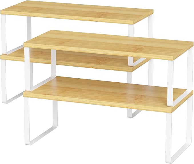 NEX Kitchen Cabinet and Counter Shelf Organizer, Stackable & Expandable, Set of 4, White and Natural - 7.7 x 15.6 x 6.2'' | Stackable Expandable Spice Rack, Space-Saving Pantry Organizers Bathroom Countertop Storage, White and Natural by NEX