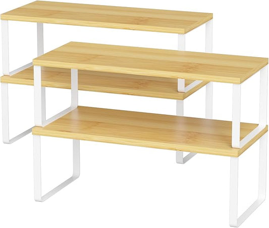NEX Kitchen Cabinet and Counter Shelf Organizer, Stackable & Expandable, Set of 4, White and Natural - 7.7 x 15.6 x 6.2'' | Stackable Expandable Spice Rack, Space-Saving Pantry Organizers Bathroom Countertop Storage, White and Natural by NEX