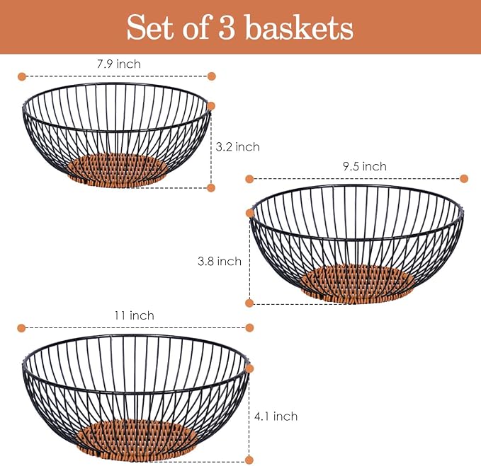 Set of 3 Stackable Metal Mesh Fruit Basket Bowl, Round Rust-Proof Breathable Wire Storage Organizer, Non-Slip Decorative Produce Holder for Kitchen Countertop, Store Fruits Veggies Snacks, Black - Image 3