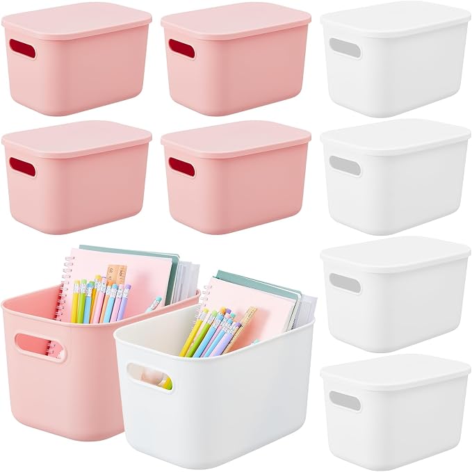 8 Pieces Colorful Storage Bins with Lid, Plastic Storage Basket Organizing Container Stackable Box with Handle for Shelves Desktop Playroom Office(14.2 x 10.2 x 9.5 Inch,White and Pink) by Hoolerry