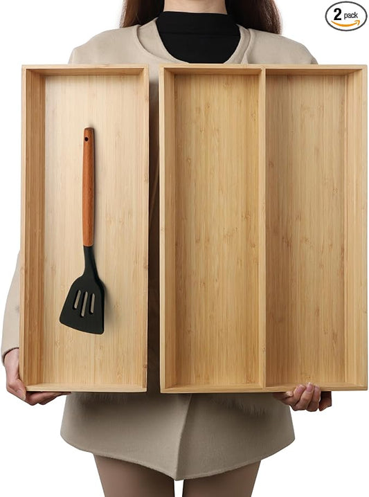 BAMOTTO CRAFTBAMBOO Long V-Shaped Bamboo Drawer Organizer Set of 2 | Silverware & Cutlery Tray | Flatware & Utensil | Kitchen & Bathroom | Narrow Fit | 19.6"×12.4" & 19.6"×7.8" by BAMOTTOCRAFTBAMBOO