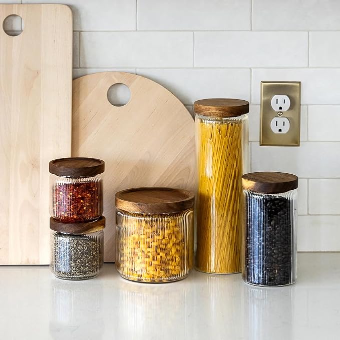 Mason & Fable Ribbed Glass Jar with Wooden Lid 70fl.oz- Set of 2 | Airtight Fluted Storage Container for Cookies, Pasta, Coffee, Dog Treats, Snacks | Organization Canisters for Home & Kitchen - Image 5