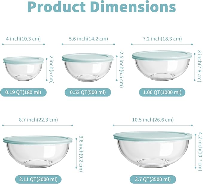 WhiteRhino Glass Mixing Bowl with Lids Set of 5, 0.2, 0.5, 1.1, 2.1, 3.75 QT, Large Salad Bowls with BPA-Free Lids, Space-Saving Nesting Bowls for Kitchen Food Storage, Glass bowl for Cooking, Baking - Image 2