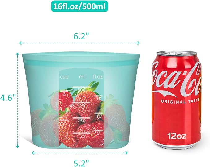 Reusable Snack Bags, 4 Pack, Stand Up 100% Silicone Reusable Storage Bag, Ziplock Silicone Food Storage Containers Snack Size, Freezer Microwave Oven Dishwasher Safe, Aqua, 16oz - Image 3