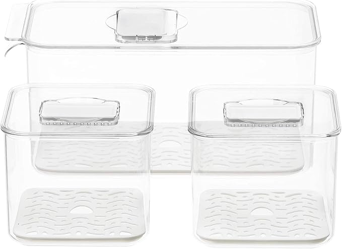 Slideep Food Storage Containers Produce Saver with Lids, Stackable Refrigerator Freezer Organizer Bins with Removable Drain Tray, Fridge Fresh Keeper for Veggie, Berry, Fruits, Vegetables 3 Pack - Image 5