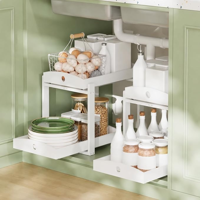 Bamboo Under Sink Organizer 2 Tier Pull Out Cabinet Storage Drawer - Image 2