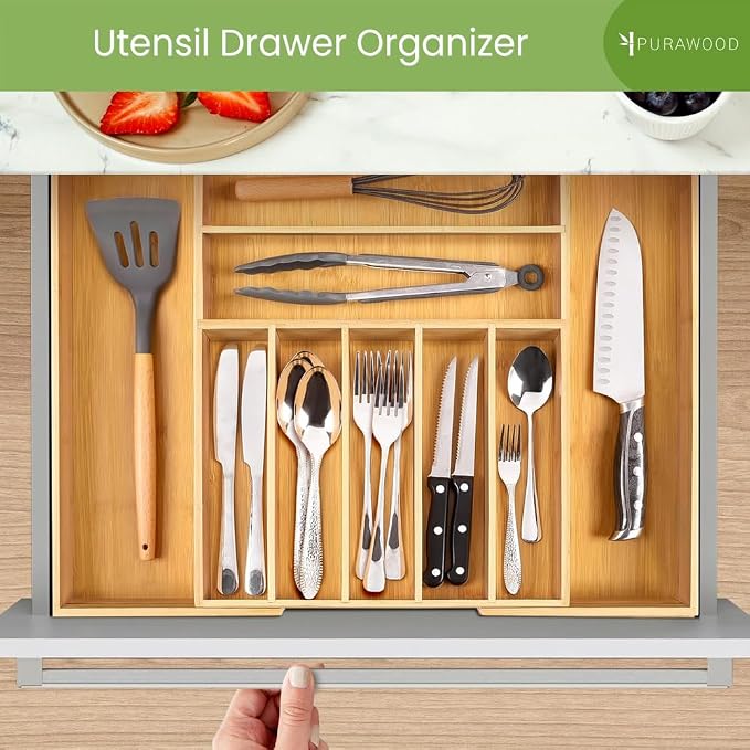 Purawood Bamboo Drawer Organizer, 2 Pack - Expandable Silverware Organizer & Utensil Organizer, Cutlery Tray with Dividers, 7-9 Slots- Premium Kitchen Organizer for Utensils & Flatware (Natural) - Image 5
