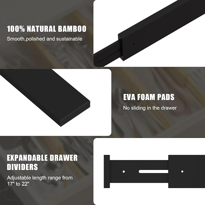 Bamboo Drawer Dividers, Adjustable Drawer Organizers, Fits 17.6–21" Drawers | 2.5" High, 4 Pack Expandable Drawer Separators for Kitchen, Nursery, Dressers & Office Storage, Black - Image 7