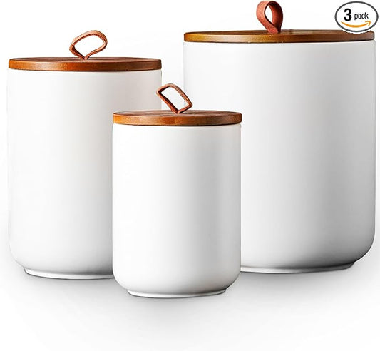 JOJUNO White Ceramic Food Storage Canister Set (30 oz, 48 oz, 82 oz) with Bamboo Lids, 3-Piece Airtight Jars for Flour, Sugar, Coffee, Tea, Oats, Spice – Kitchen Storage Containers with Lids by Unknown