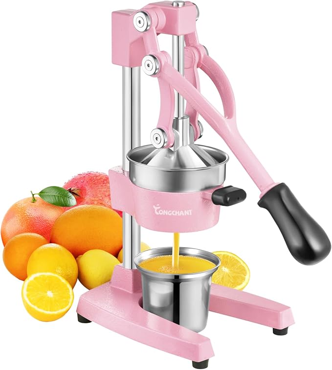 TONGCHANT Cast Iron Manual Juicer for Orange Lemon Lime Pomegranate &Citrus | Heavy Duty Orange Juicer Squeezer, Hand Press Juicer, Citrus Press, Stainless Steel Cup, Easy to Clean, Pink by TONGCHANT
