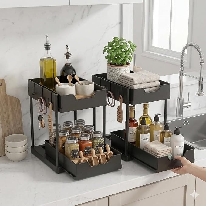 Set of 2 Under Sink Organizer, 2-Tier Black Plastic Storage Rack | Sliding Drawer, For Kitchen and Bathroom - Image 6