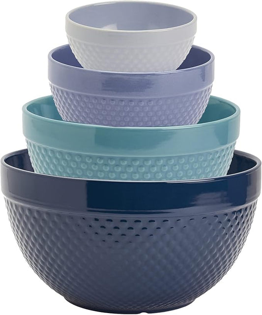 Tabletops Gallery Hobnail Style 4 Piece Blue Storm Stoneware Nesting Mixing Bowl Set for Baking and Cooking by TabletopsGallery