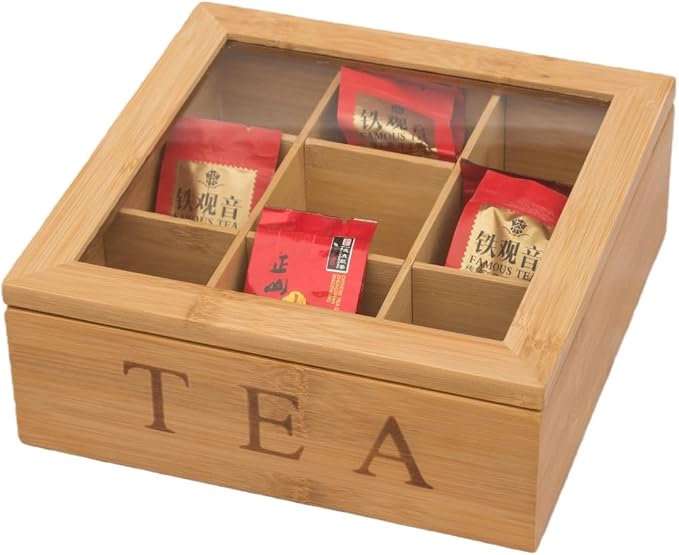 Tea Box Organizer,Bamboo Tea Box Organizer Storage Box,Wooden Teas Bag Storage with 9 Compartments and Clear Glass Cover for Home Office Gift by Unknown