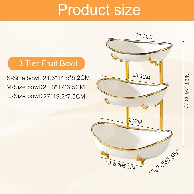 3 Tier Fruit Bowl for Kitchen Counter,Ceramic Bowl with Metal Stand,3 Tier Fruit Basket for Vegetable Bread Candy Snack Nuts Dessert Cake Tray (White Bowl Gold Rack) - Image 2