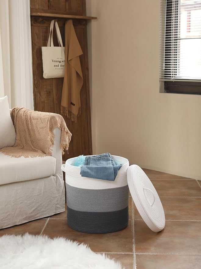 16x18 Inch Extra Large Round Cotton Rope Storage Basket with Lid, Decorative Woven Bin with Cover for Living Room Bedroom Closet, Grey & Dark Grey - Image 5
