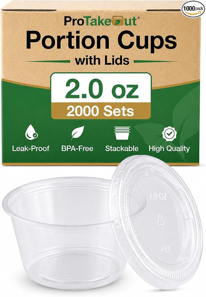 0.75-5.5 oz Plastic Portion Cups with Lids, 100-2000 Count, Dessert Cups with Lids, Jello Shot Cups with Lids, Small Plastic Cups for Salad Dressing & Condiments (1000, 2.0, ounces) by ProTakeOut