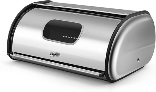 Flexzion Stainless Steel Bread Box for Kitchen Countertop, 13 Inch, Silver | Large Bread Storage Container with Roll-Top Lid, Front Window, Rear Vents, and Room for Bread, Bagels, Muffins, and Pastries by Flexzion