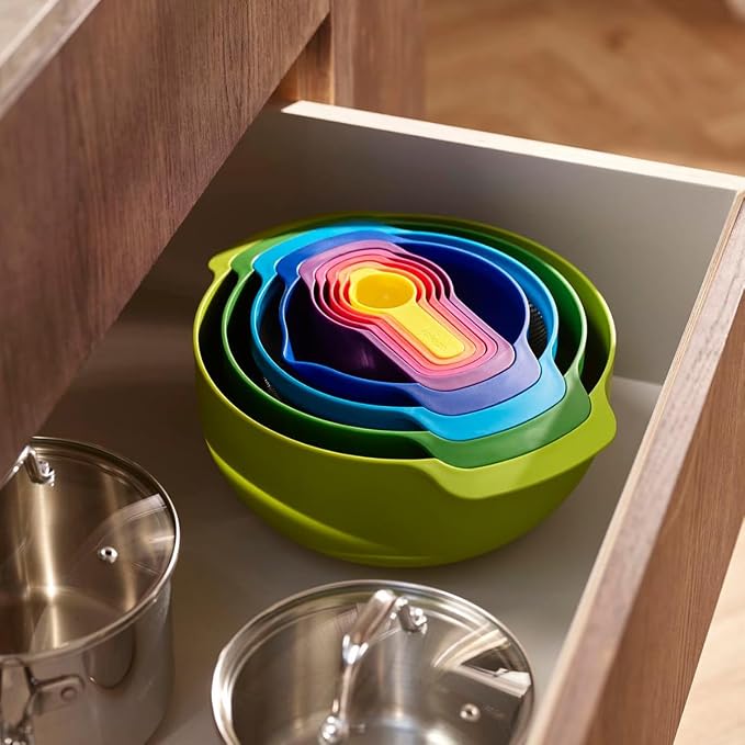Joseph Joseph Nest 9 Plus, 9 Piece Compact Food Preparation Set with Mixing Bowls, Measuring cups, Sieve and Colander, MultiColor - Image 6