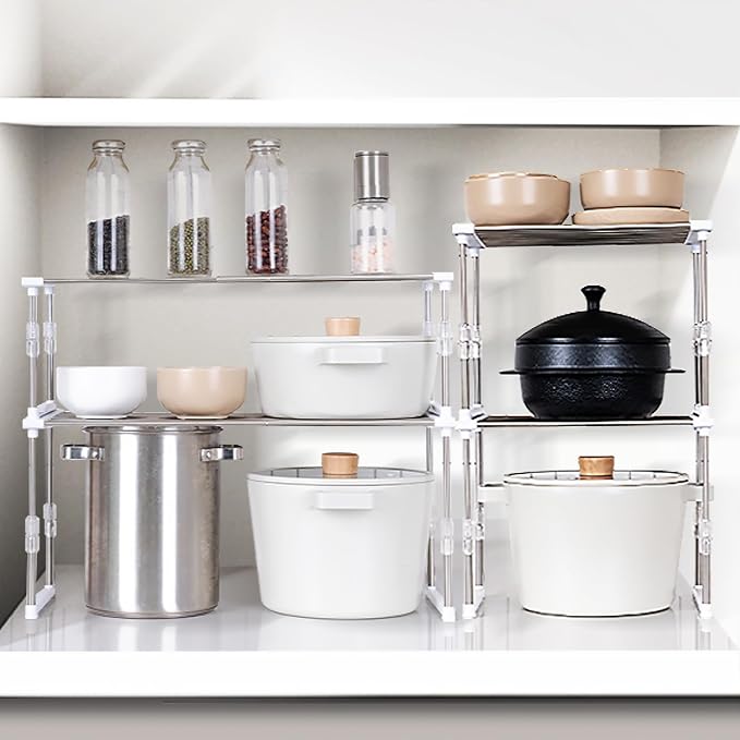Set of 1 Expandable Cabinet Organizer 11.8~19.6 x 7.8 x 6~9 White | Width & Height-adjustable Kitchen Cabinet Organizer Shelf, Stackable Kitchen Counter Shelf - Image 2