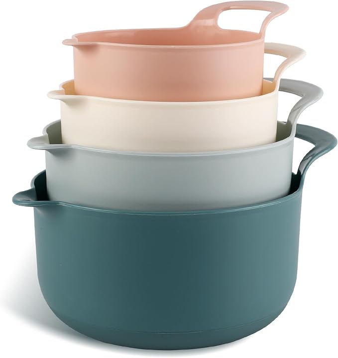 COOK WITH COLOR Nesting Plastic Mixing Bowl Set with Pour Spouts and Handles, Teal and Pink, 4 Piece Non-Slip by CookwithColor