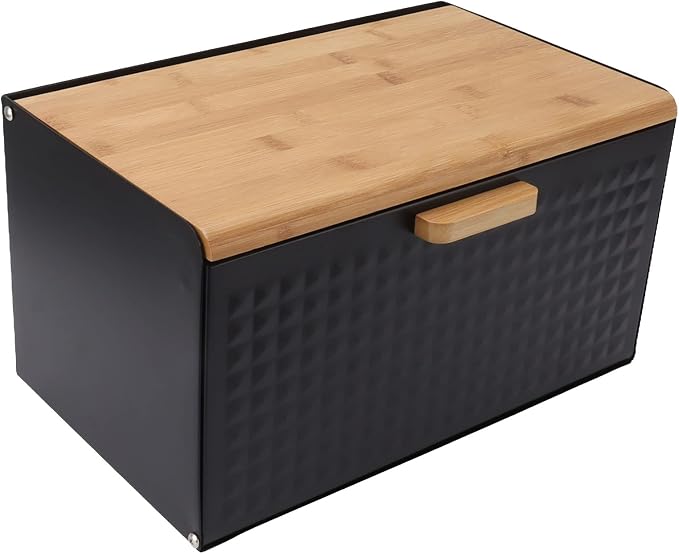 Black Bread Box for Kitchen Countertop, Metal Bread Box for Homemade Bread, Vintage Heavy Duty Large Capacity Bread Storage Container Bin Wood Farmhouse Breadbox Organizer for Kitchen Lovers (Black) by Dioche