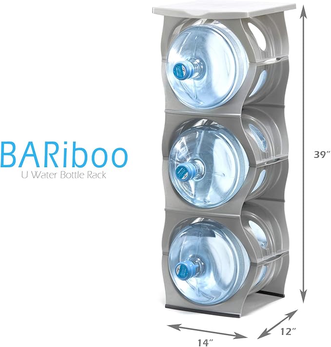 Stackable Water Bottle Storage Rack Best Water Jugs 5 Gallon Organizer. Jug Holder for Kitchen, Cabinet and Office Organizing. Reinforced Polypropylene (Black, 3 Plus Shelf) - Image 3