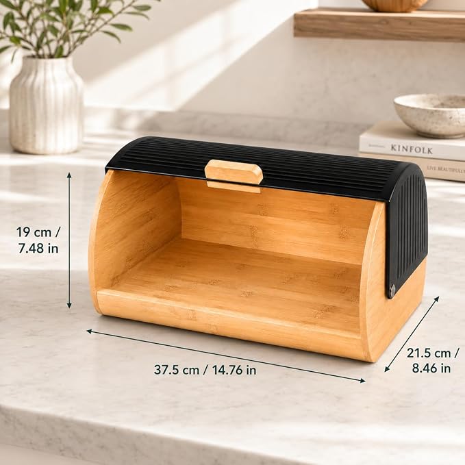 Bread Box for Kitchen Countertop, Large Bread Storage Container with Bamboo Base and Black Roll Top Lid, Modern Bread Holder for Loaves, Bagels, Pastries and More - Image 6