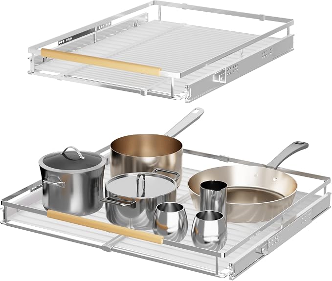 SANNO Pull Out Cabinet Organizer with Expandable Sliding Shelves for Cupboard Pantry, Steel Metal Sliding Shelf, Chrome Finish - Image 3
