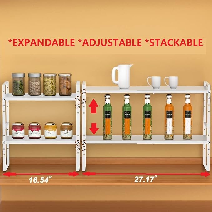 Jojocross Expandable Stackable Spice Rack Cabinet Shelf Organizer in Cabinets Shelves Kitchen Cupboard Organization Stack up Racks Pantry Countertop Storage Medium/White 1 Pack - Image 3