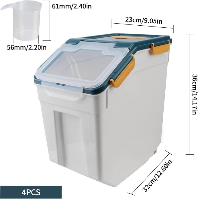 4 Pack Grain Food Storage Container, 20LB Airtight Rice Bin Storage Bucket with Spoon and Measuring Cup, Large Flour Dispenser Container Set 80LB Total Capacity - Image 2