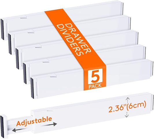 Lifewit 2.36" Upgrade Kitchen Drawer Dividers, Adjustable Drawer Organizer | 16"-22" Expandable White Drawer Separator for Clothes/Utensils, Dresser/Cabinet/Closet/Nursery Organization & Storage, 5 Pack by Lifewit