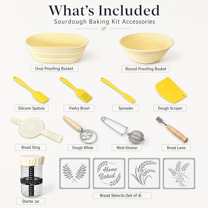 Sourdough Starter Kit, 20PCS Bread Baking Supplies with Banneton Basket | 9 in Round & 10 in Oval Silicone Proofing Bowls, Feeding Jar, Bread Sling, Scrapers, Lame Blades, Stencils - Image 2