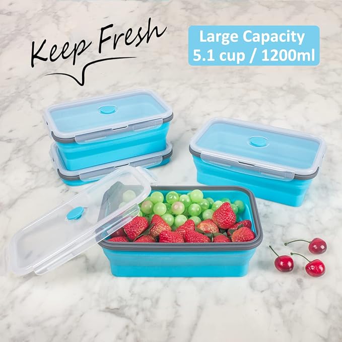 Collapsible Food Storage Containers with Airtight Lid & Air Vent, 40.5 oz, Kitchen Stacking Silicone Collapsible Meal Prep Container Set for Leftover, Microwave Freezer Dishwasher Safe, Blue, Set of 4 - Image 2