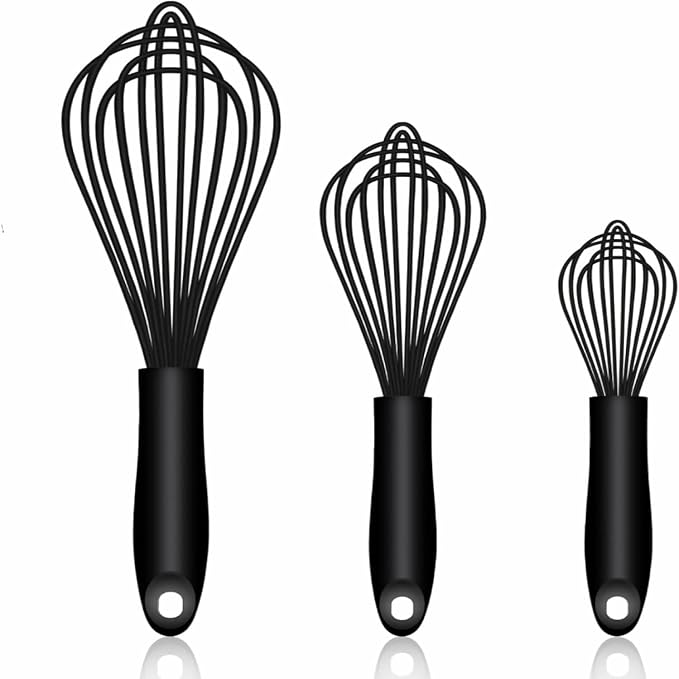 Dishwasher Safe Silicone Whisk, Sealed Waterproof Design Set of 3, Professional Kitchen Whisks for Cooking Non-Scratch, Silicone & Stainless Steel Whisk, Heat Resistant Balloon Egg Beater, Black by ZDXY