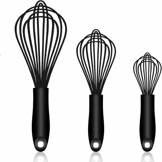 Dishwasher Safe Silicone Whisk, Sealed Waterproof Design Set of 3, Professional Kitchen Whisks for Cooking Non-Scratch, Silicone & Stainless Steel Whisk, Heat Resistant Balloon Egg Beater, Black by ZDXY