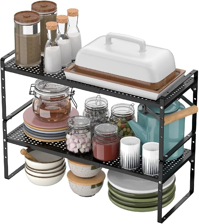 Expandable Kitchen Cabinet Shelf Organizers, Stackable Metal Pantry Storage Shelves Rack, Adjustable Counter Spice Shelf for Cabinets, Countertop, Cupboard, 2 Pack, Black - Image 4